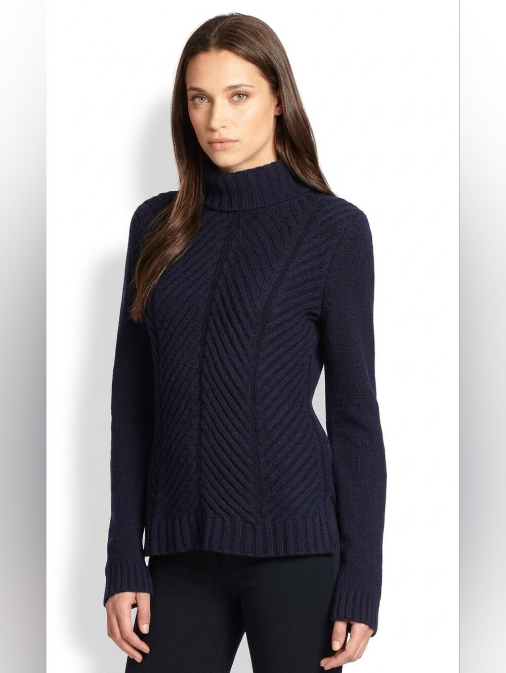 Vince Navy Yak Wool Turtleneck | Quiet Luxury Chevron Cable Knit Sweater | Large